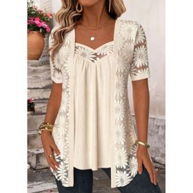 Womens Fashionable Floral-pattern Lace Mesh Hollow-out Trim Faux Two-piece Top (Option: Apricot-L)