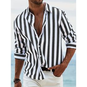 Striped Print Shirt Casual Loose Long-sleeved Shirt Men's Clothing (Option: HDCS05 Black-M)