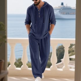 Men's Casual Home Wear Set Long Sleeve Pants With Hood (Option: Navy Blue-2XL)