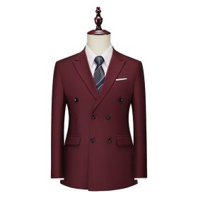 Men's Business Casual Double-breasted Suit Jacket Fashion Solid Color Coat (Option: Wine Red-XL)