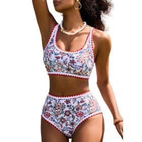 Fashion Paisley Pattern Floral Edge Sexy Bikini Swimsuit (Option: Red-XXL)