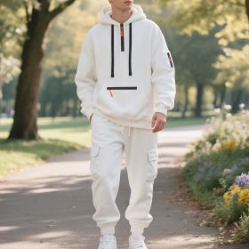 Men's Loose Sports And Leisure Suit Sweater Fleece-lined Hoodie Set Zipper Multi-Pocket Pullover Men's Sports Casual Top Two-piece Set (Option: White-XXXL)