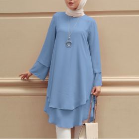 Womens Holiday Party Solid-Color Shirt Long Dress Top (Option: Blue-L)
