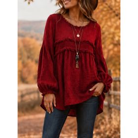 Casual Patchwork Tassel Fringe Crew-Neck T-Shirt Top (Option: Red-5XL)