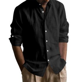 Men's Linen-cotton Long Sleeve Stand Collar Shirt (Option: Black-M)