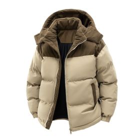 Detachable Hat Cotton-padded Coat For Couple Color Contrast Patchwork Thickened (Option: Khaki-XL)