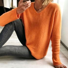 Womens Relaxed-fit Casual V-neck Drop-shoulder Sweater (Option: Coral-L)