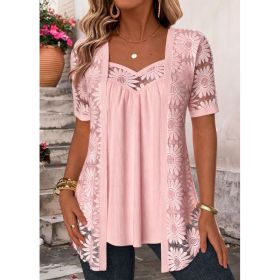 Womens Fashionable Floral-pattern Lace Mesh Hollow-out Trim Faux Two-piece Top (Option: Pink-XL)
