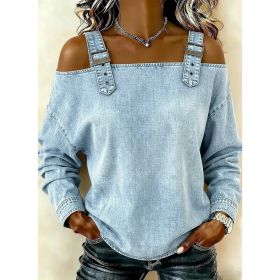 Halter-neck Off-shoulder Long-sleeve Top (Option: Light Blue-XXL)