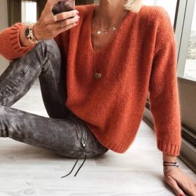 Womens Relaxed-fit Casual V-neck Drop-shoulder Sweater (Option: Orange Red-L)