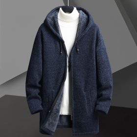 Fall Winter Men Fleece-lined Mid-length Zipper Hooded Sweater Cardigan (Option: Blue-L)