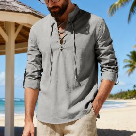 Mens Casual Long-sleeve Linen Henley Shirt (Option: Gray-M)