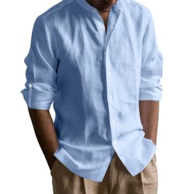Men's Linen-cotton Long Sleeve Stand Collar Shirt (Option: Light Blue-S)