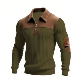 Notched-collar Patchwork Knit Top With Embroidered Zipper Hoodie (Option: Army Green-2XL)