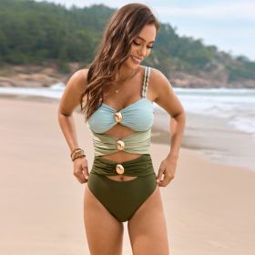 Solid Color Stitching Metal Buckle Swimsuit (Option: 2 Colors-M)