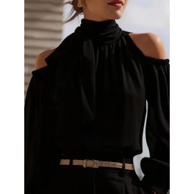 Womens Stand-collar Off-shoulder Top With Puff Sleeves (Option: Black-2XL)