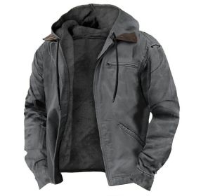 Winter Hooded Coat With Pockets Fashion Warm Fleece Zip-up Jacket Casual Outwear Men's Clothing (Option: Gray-L)