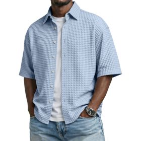 Men's Solid-Colored Waffle-Weave T-Shirt With Lapel Collar (Option: Sky blue-S)