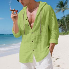 Mens Linen Hooded Long-Sleeve Casual Cardigan Shirt (Option: Fruit Green-M)