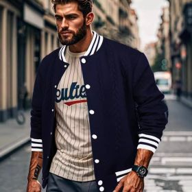 Jacquard Button Design Trendy Fashion Solid Color Men's Cardigan Baseball Jacket (Option: Navy Blue-XXXL)