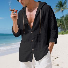 Mens Linen Hooded Long-Sleeve Casual Cardigan Shirt (Option: Black-M)