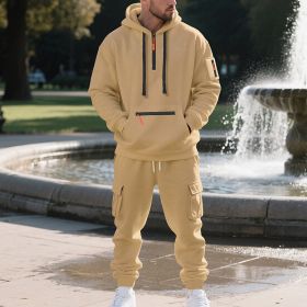 Men's Loose Sports And Leisure Suit Sweater Fleece-lined Hoodie Set Zipper Multi-Pocket Pullover Men's Sports Casual Top Two-piece Set (Option: Camel-XXXL)