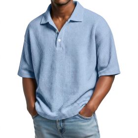 Men's Summer Basic Style Waffle Pattern Button Collar POLO Shirt Short Sleeve New Top (Option: Light Blue-M)