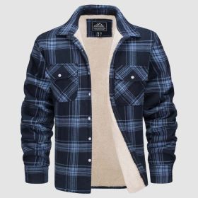 Fleece Lined Men's Jacket Long Sleeve Lapel Plaid (Option: Blue And Gray Grid-3XL)