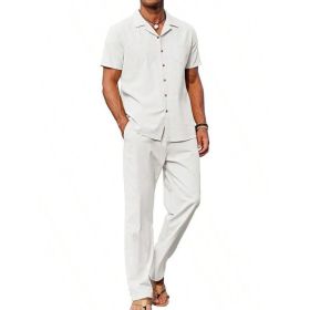 American-style Vintage Short-sleeve Shirt And Casual Trousers Two-piece Set (Option: White-M)