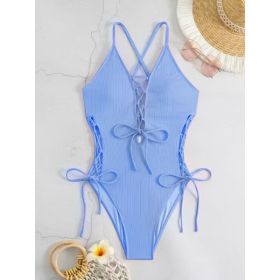 European And American Sexy Backless Siamese Bikini Swimsuit (Option: Azure-XXXL)