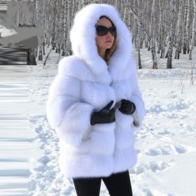 Women's Minimalist Hooded Patchwork Fur Grass Jacket (Option: White-L)