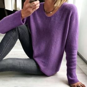 Womens Relaxed-fit Casual V-neck Drop-shoulder Sweater (Option: Purple-L)