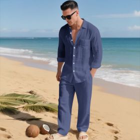 Beach Leisure Loose Collar Shirt Long Sleeve Pants Set (Option: Navy Blue-XL)