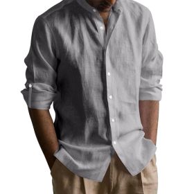 Men's Linen-cotton Long Sleeve Stand Collar Shirt (Option: Iron Gray-M)