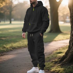 Men's Loose Sports And Leisure Suit Sweater Fleece-lined Hoodie Set Zipper Multi-Pocket Pullover Men's Sports Casual Top Two-piece Set (Option: Black-XXL)