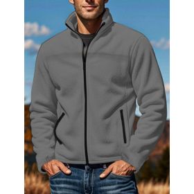 Men's Polar Fleece Jacket Outdoor Zipped Stand Collar Coat (Option: Dark Gray-3XL)
