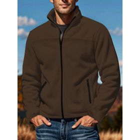 Men's Polar Fleece Jacket Outdoor Zipped Stand Collar Coat (Option: Dark Brown-3XL)