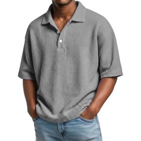 Men's Summer Basic Style Waffle Pattern Button Collar POLO Shirt Short Sleeve New Top (Option: Gray-M)