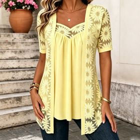 Womens Fashionable Floral-pattern Lace Mesh Hollow-out Trim Faux Two-piece Top (Option: Light Yellow-4XL)