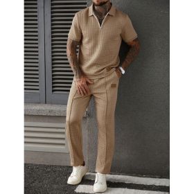 Casual Zip-Up Polo Shirt Top And Pants Two-Piece Set (Option: Khaki-M)