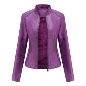 Thin Large Size Leather Clothing With Stand Collar Slim-fit Jacket (Option: Violet-XXL)