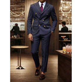 Mens Striped Business Suit Set (Option: Dark Blue-XL)