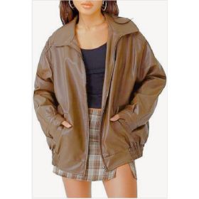 Women's Artificial Leather Plus Size Motorcycle Jacket (Option: Dark Brown-L)