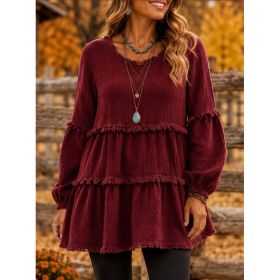 Womens Casual Top With Long Sleeves And Panel Design (Option: Wine Red-3XL)