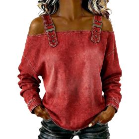Halter-neck Off-shoulder Long-sleeve Top (Option: Red-3XL)