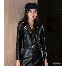 Women's Fashionable Leather Jacket Slim-Fit Coat (Option: Black-5XL)
