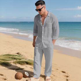 Beach Leisure Loose Collar Shirt Long Sleeve Pants Set (Option: Gray-XXXXL)