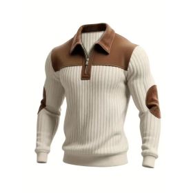 Notched-collar Patchwork Knit Top With Embroidered Zipper Hoodie (Option: Khaki-XL)
