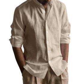 Men's Linen-cotton Long Sleeve Stand Collar Shirt (Option: Khaki-XXXL)