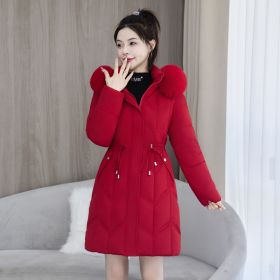 Large Fur Collar Coat Mid-length Thickened Cotton Jacket (Option: Red-2XL)